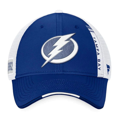 Tampa Bay Lightning Fanatics Branded 2022 NHL Draft Authentic Pro On Stage Trucker Adjustable Hat - Royal/White