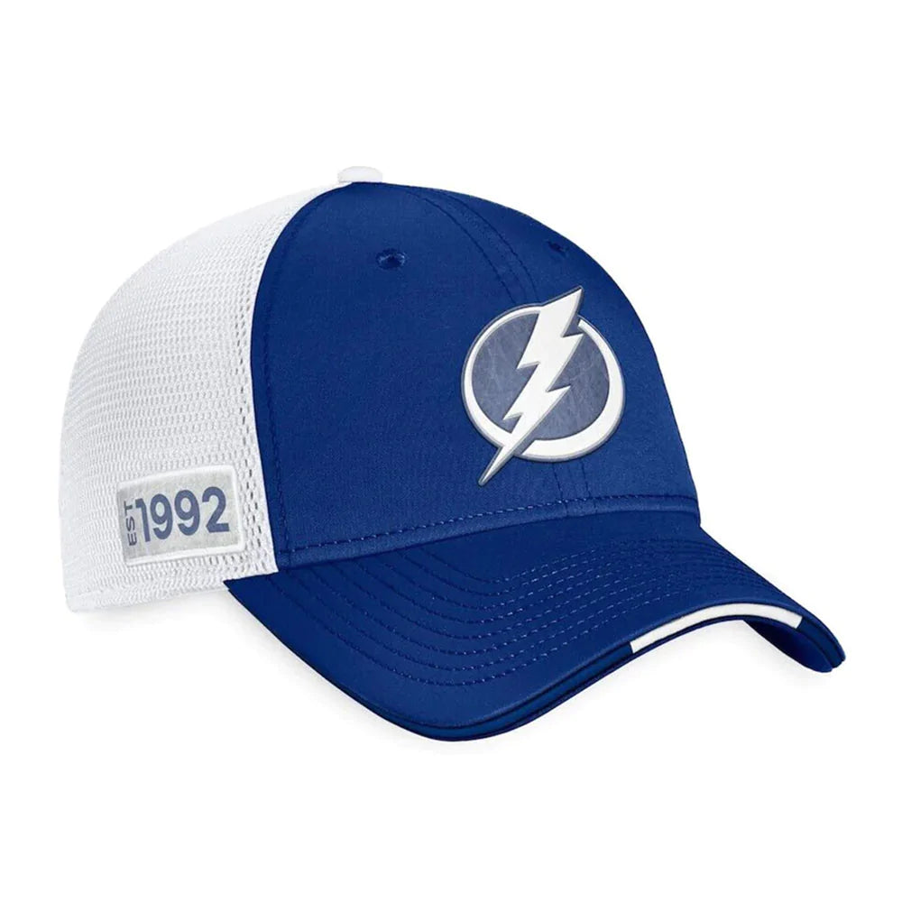 Tampa Bay Lightning Fanatics Branded 2022 NHL Draft Authentic Pro On Stage Trucker Adjustable Hat - Royal/White